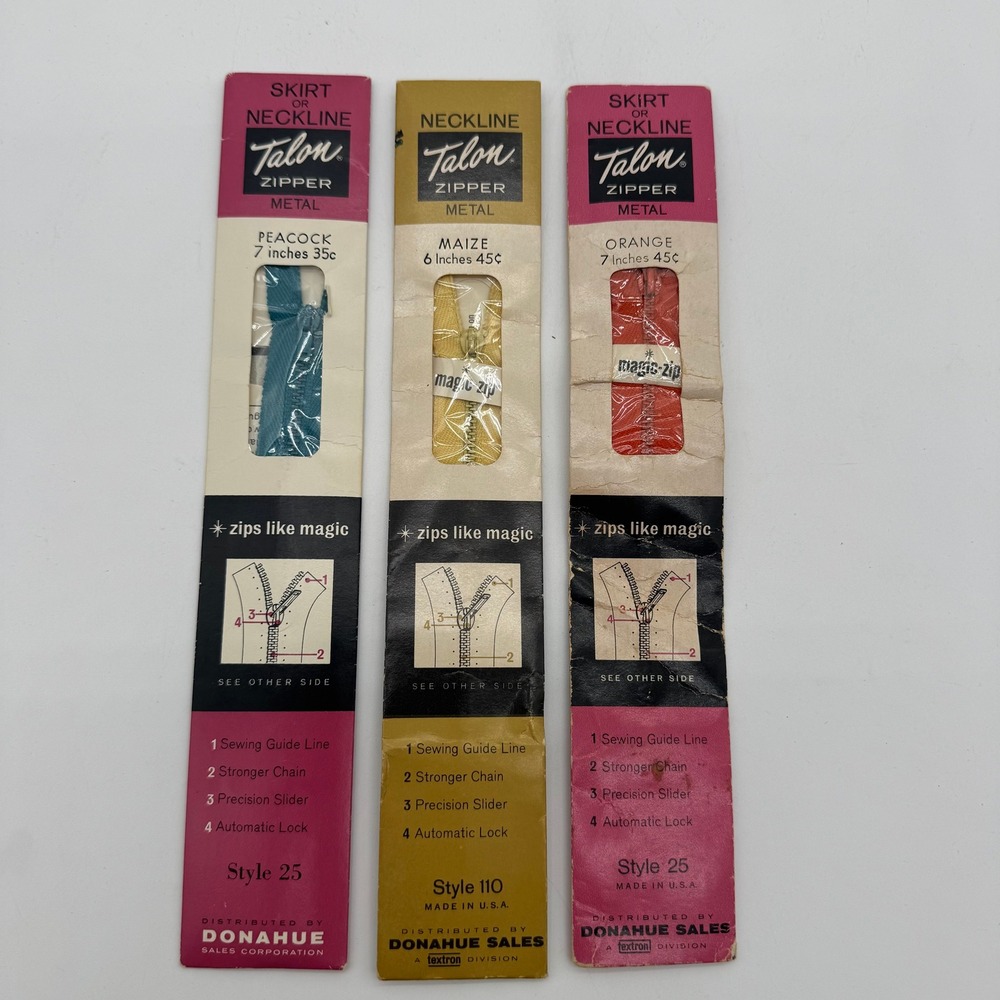 Vintage Talon Metal Zippers Lot of 3 NOS Skirt Neckline USA Peacock Orange Maize